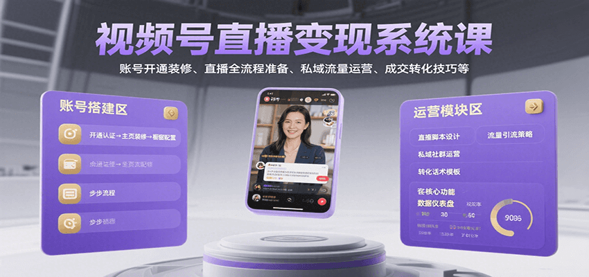 视频号直播变现系统课，账号开通装修、直播全流程准备、私域流量运营、成交转化技巧等-冒泡网
