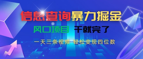 信息查询暴力掘金，一天三条视频，轻松变现四位数，风口项目干就完了【揭秘】-冒泡网