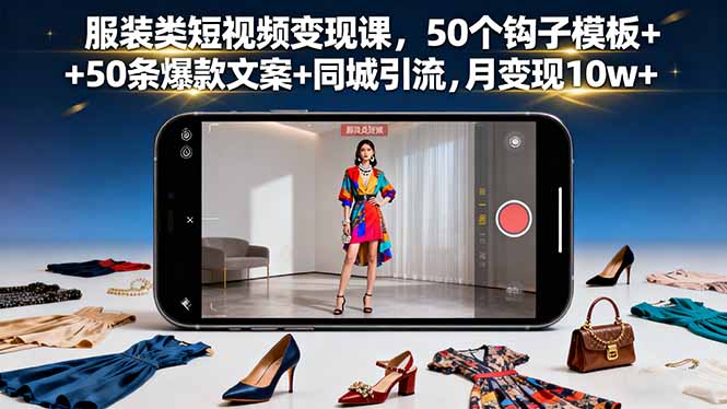 服装类短视频变现课，50个钩子模板+50条爆款文案+同城引流，月变现10w+-冒泡网