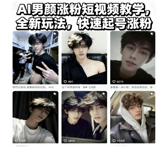 AI男颜涨粉短视频教学，全新玩法，快速起号涨粉-冒泡网