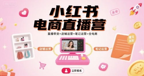小红书电商直播营，直播带货+店铺运营+笔记运营=全电商-冒泡网