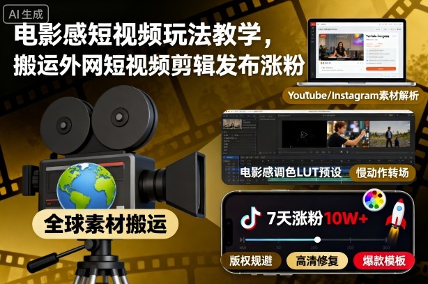 电影感短视频玩法教学，搬运外网短视频剪辑发布涨粉-冒泡网