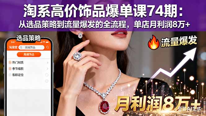 淘系高价饰品爆单课74期：从选品策略到流量爆发的全流程，单店月利润8万+-冒泡网