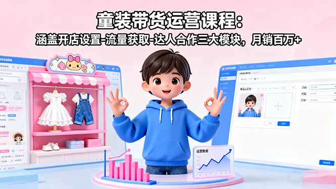 童装带货运营课程：涵盖开店设置-流量获取-达人合作三大模块，月销百万+-冒泡网