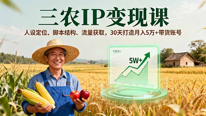 三农IP变现课，人设定位、脚本结构、流量获取，30天打造月入5万+带货账号-冒泡网