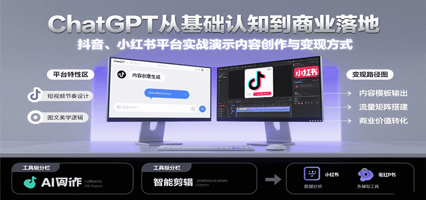 ChatGPT从基础认知到商业落地，实战演示抖音、小红书等平台的内容创作与变现-冒泡网
