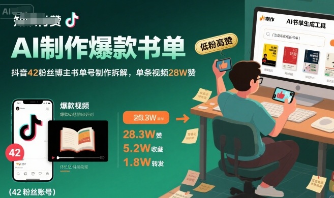 AI制作爆款书单，抖音42粉丝博主书单号制作拆解，单条视频28W赞-冒泡网