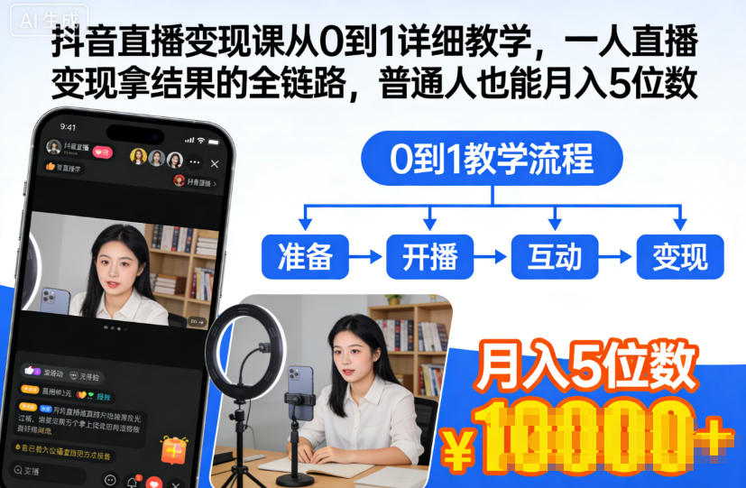 抖音直播变现课从0到1详细教学，一人直播变现拿结果的全链路，普通人也能月入5位数-冒泡网
