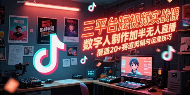 三平台短视频实战课，数字人制作加半无人直播，覆盖20+赛道剪辑与运营技巧-冒泡网
