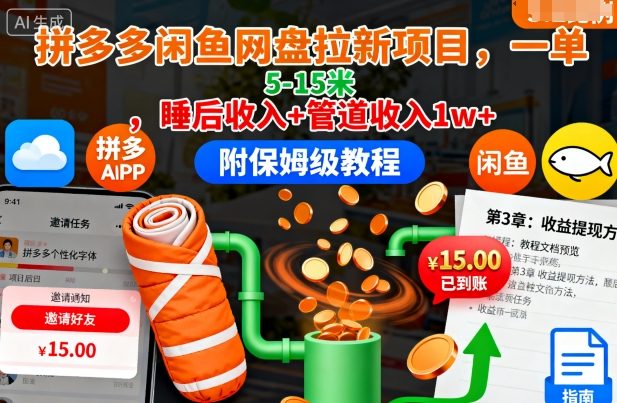 拼多多闲鱼网盘拉新项目，一单5-15米，睡后收入+管道收入1w+(附保姆级教程)-冒泡网