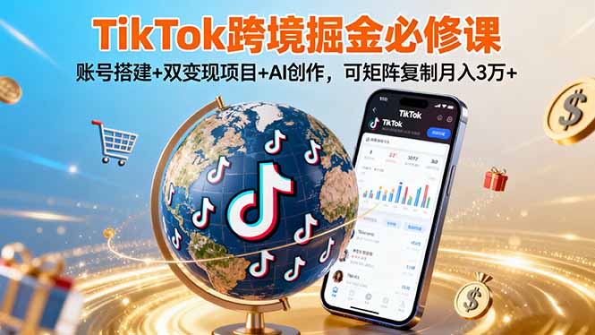 TikTo跨境掘金必修课，账号搭建+双变现项目+AI创作，可矩阵复制月入3万+-冒泡网