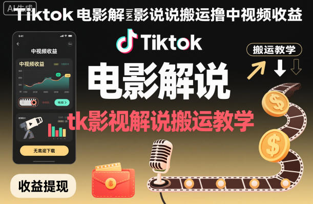 Tiktok电影解说搬运撸中视频收益，tk影视解说搬运教学-冒泡网