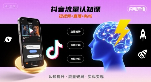 抖音流量认知课，短视频+直播+私域，认知提升，闪电开悟-冒泡网