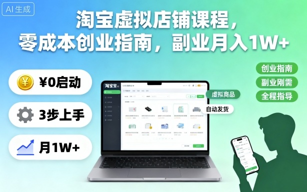 淘宝虚拟店铺课程，零成本创业指南，副业月入1W+-冒泡网