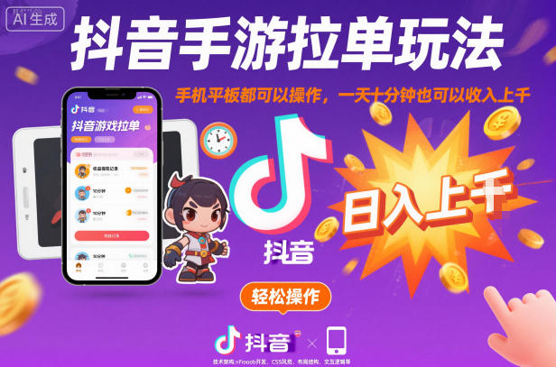 抖音手游拉单玩法，手机平板都可以操作，一天十分钟也可以收入上K【揭秘】-冒泡网