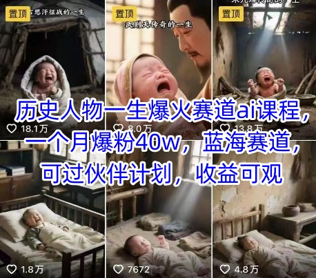 历史人物一生爆火赛道ai课程，一个月爆粉40w，蓝海赛道，可过伙伴计划，收益可观-冒泡网