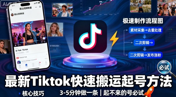 最新Tiktok快速搬运快速起号方法，3-5分钟做一条，起不来的号可以试试-冒泡网