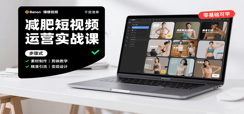 减肥短视频运营实战课：含素材制作、剪映教学，讲精准引流、变现设计与内容模板技巧-冒泡网