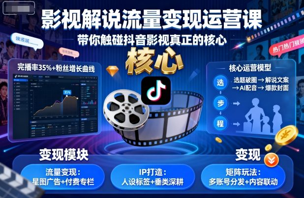 影视解说流量变现运营课，带你触碰抖音影视真正的核心-冒泡网