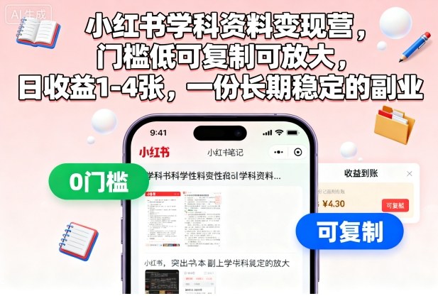 小红书学科资料变现营，门槛低可复制可放大，日收益1-4张，一份长期稳定的副业-冒泡网