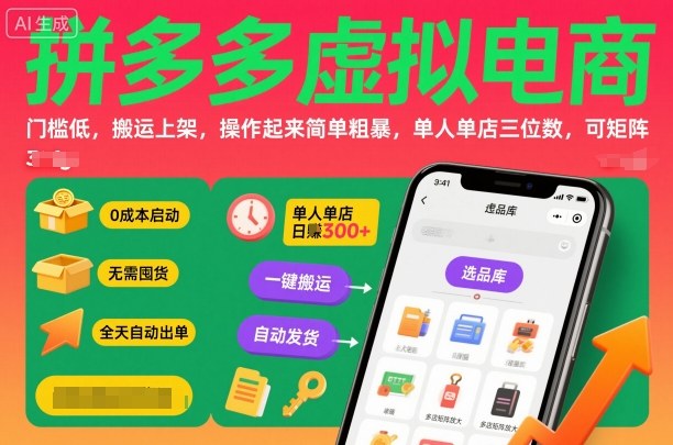 拼多多虚拟电商，门槛低，搬运上架，操作起来简单粗暴，单人单店三位数，可矩阵-冒泡网