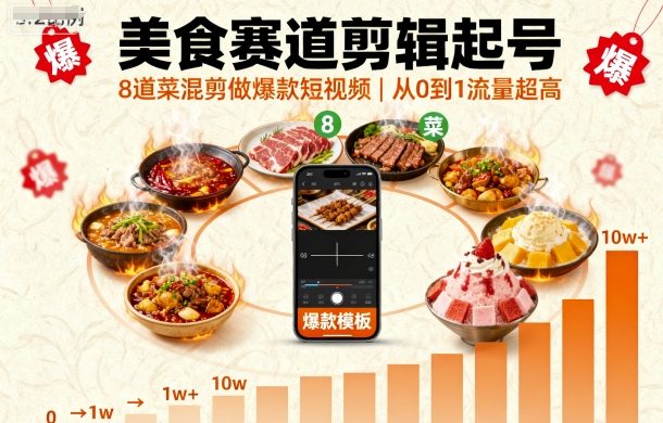 美食赛道剪辑起号，8道菜混剪做爆款短视频，从0到1，流量超高-冒泡网