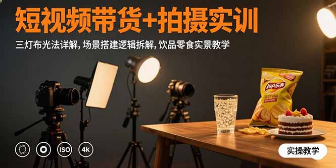 短视频带货+拍摄实训：三灯布光法详解,场景搭建逻辑拆解,饮品零食实景教学-冒泡网