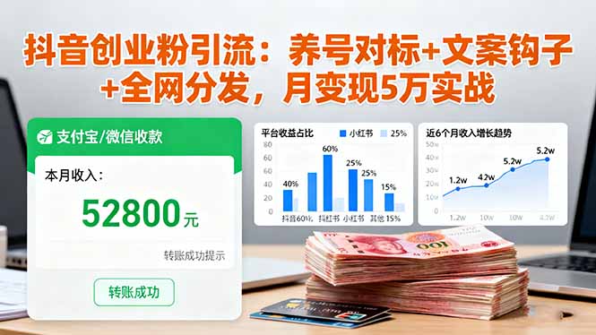 抖音创业粉引流：养号对标+文案钩子+全网分发，月变现5万实战-冒泡网