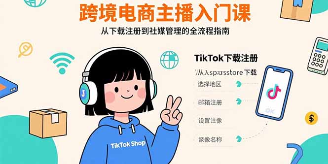 跨境电商主播入门课，TikTok下载注册，支付工具配置，社媒账号管理全流程-冒泡网