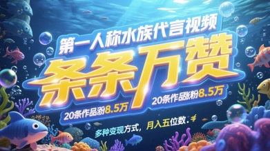 第一人称水族代言视频，条条万赞，20条作品涨粉7.8W，多种变现方式月入五位数-冒泡网